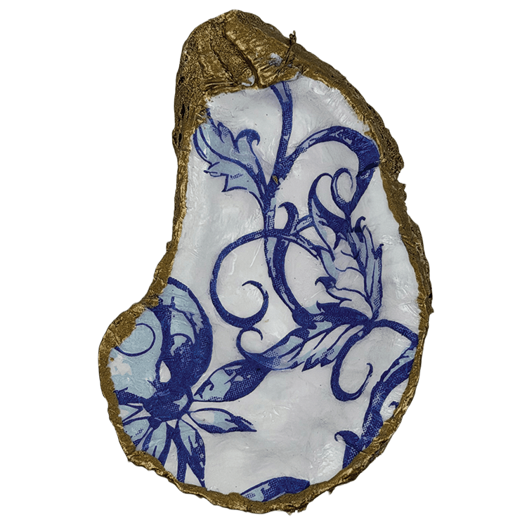 Decoupage Shell Trinket Dish Blue & White Swirly print