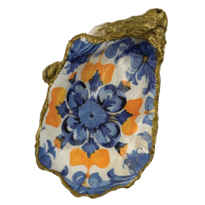 Decoupage Shell Trinket Dish Blue & White and Yellow Geometri print