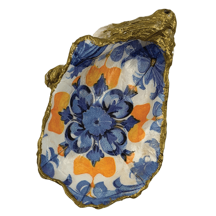 Decoupage Shell Trinket Dish Blue & White and Yellow Geometri print