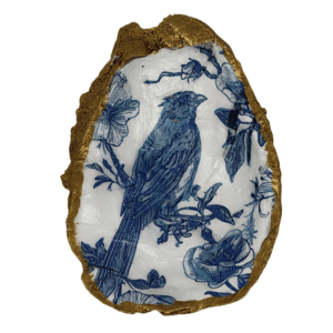 Decoupage Shell Trinket Dish Blue & White Bird & Floral Print