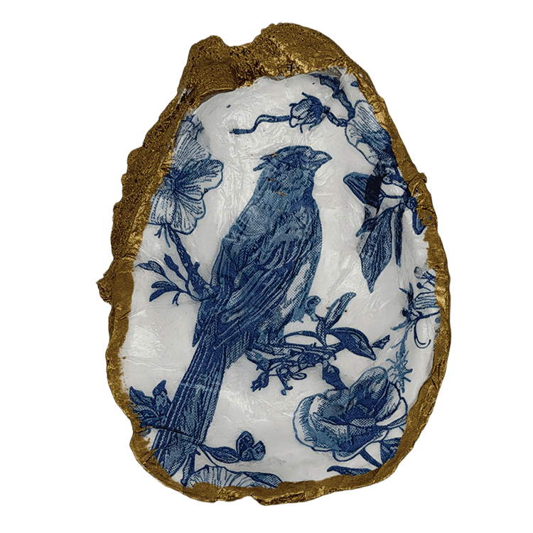 Decoupage Shell Trinket Dish Blue & White Bird & Floral Print