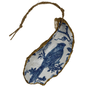 Decoupage Shell Ornament Blue & White Bird print
