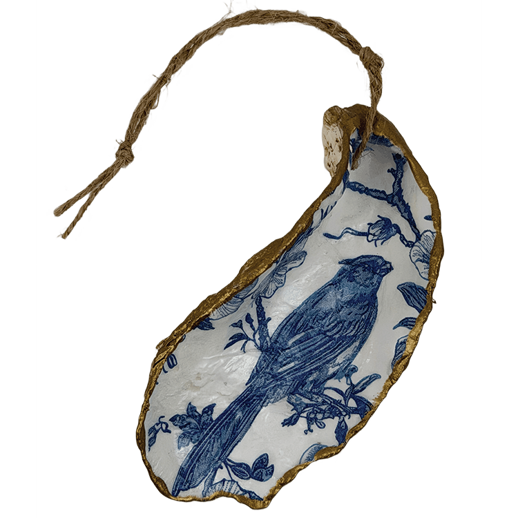 Decoupage Shell Ornament Blue & White Bird print