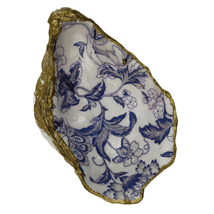 Decoupage Shell Trinket Dish Blue & White Floral print