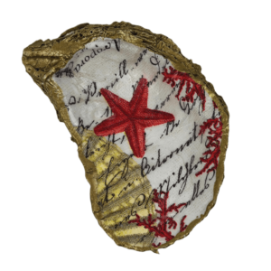 Decoupage Shell Trinket Red and Gold w/Writing Print