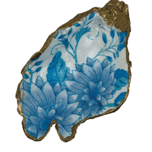Decoupage Shell Trinket Dish Sky Blue & White Floral print