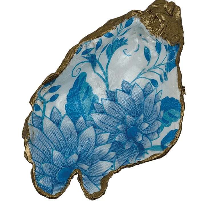 Decoupage Shell Trinket Dish Sky Blue & White Floral print