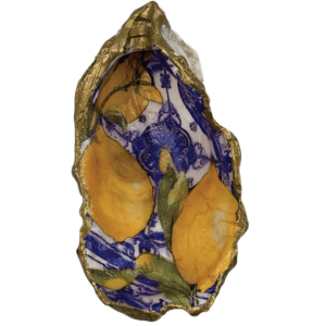 Decoupage Shell Trinket Dish Blue & Yellow Lemon print