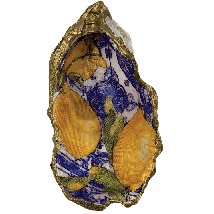 Decoupage Shell Trinket Dish Blue & Yellow Lemon print