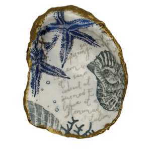 Decoupage Shell Trinket Dish Blue, Green & White Sea Creatures Print
