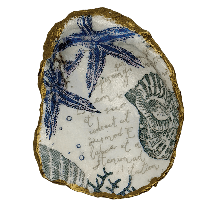 Decoupage Shell Trinket Dish Blue, Green & White Sea Creatures Print